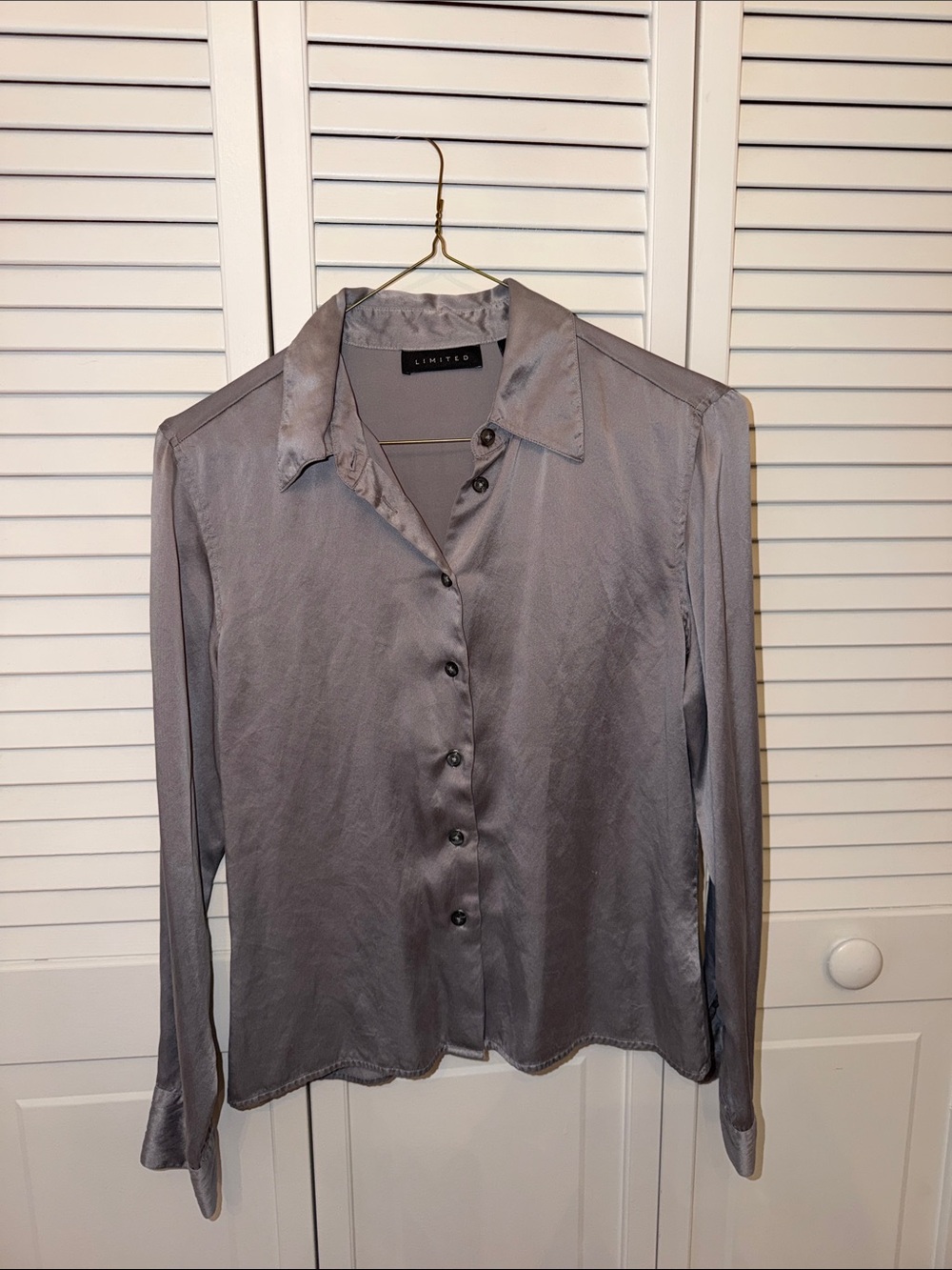 The Limited Silver-Gray Satin Button-Up Blouse